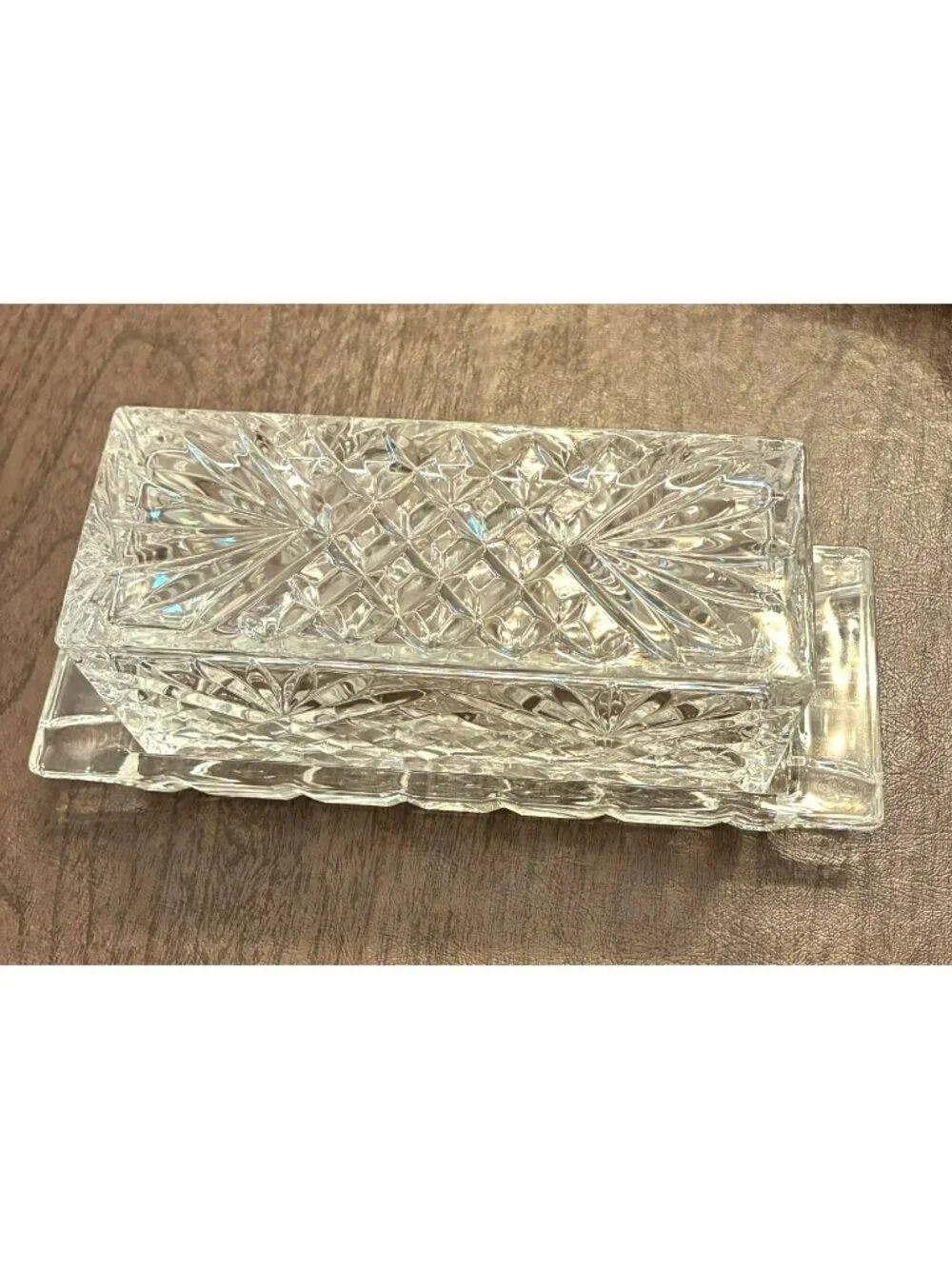 Vintage Crystal Butter Dish With Lid Intricate Diamond Starburst Pattern JH1854